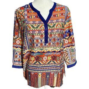 Serengeti Tribal Aztec Print Tunic Size L Multi Color Top Popover Blouse SW Vibe